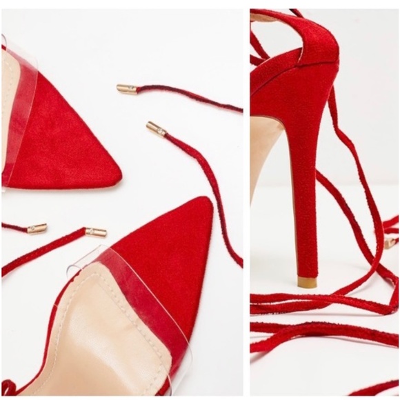 PLT Red Ankle Lace up Heels Size 8 - Picture 2 of 10